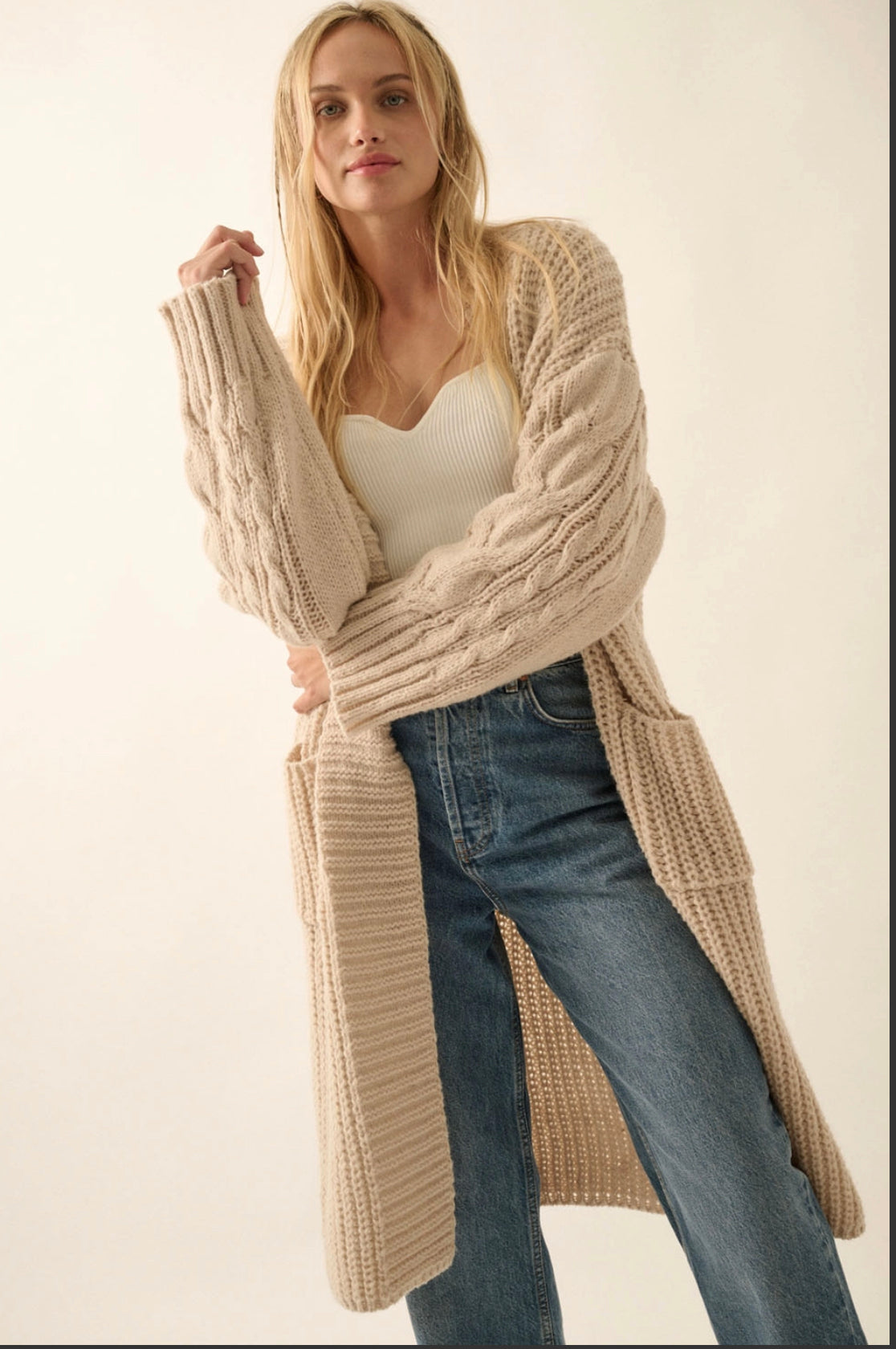 Solid Rib Knit Open Front Cable Knit Cardigan